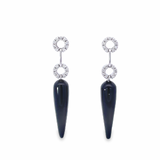 9ct white gold drop earrings featuring diamond-set circular motifs with articulated tapered onyx drops and stud fittings.