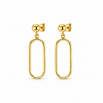 9ct yellow gold open oval drop earrings featuring polished half-dome studs, articulated elongated oval drops and butterfly fittings.