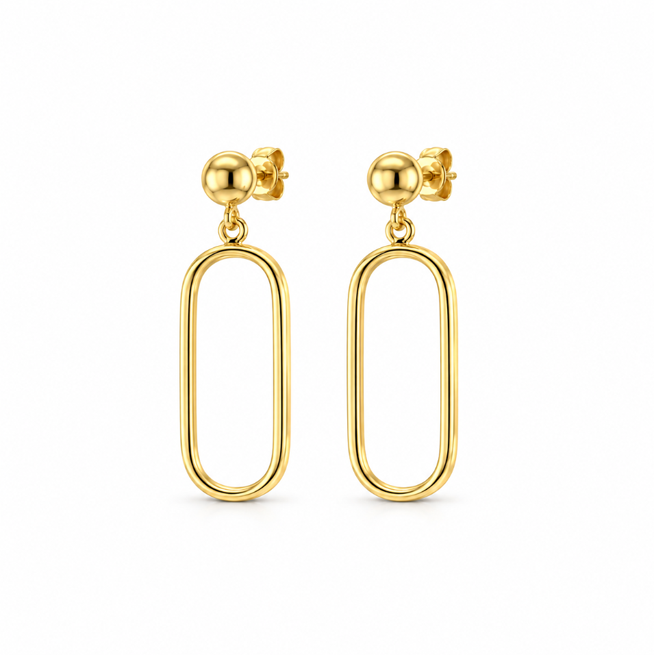 9ct yellow gold open oval drop earrings featuring polished half-dome studs, articulated elongated oval drops and butterfly fittings.