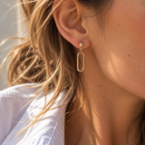 9ct yellow gold open oval drop earrings featuring polished half-dome studs, articulated elongated oval drops and butterfly fittings.