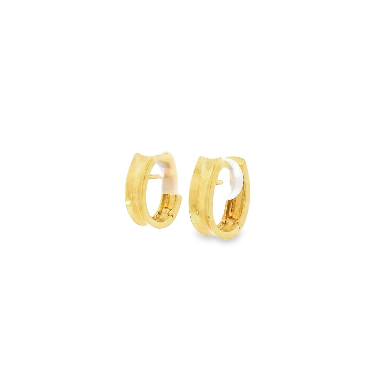 18ct yellow gold oval concave huggie earrings featuring a sculptural curved design with a polished finish.