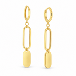 9ct yellow gold drop earrings featuring hinged huggies, elongated facetted oval links and polished flat oval disc drops.