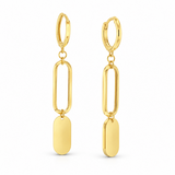 9ct yellow gold drop earrings featuring hinged huggies, elongated facetted oval links and polished flat oval disc drops.