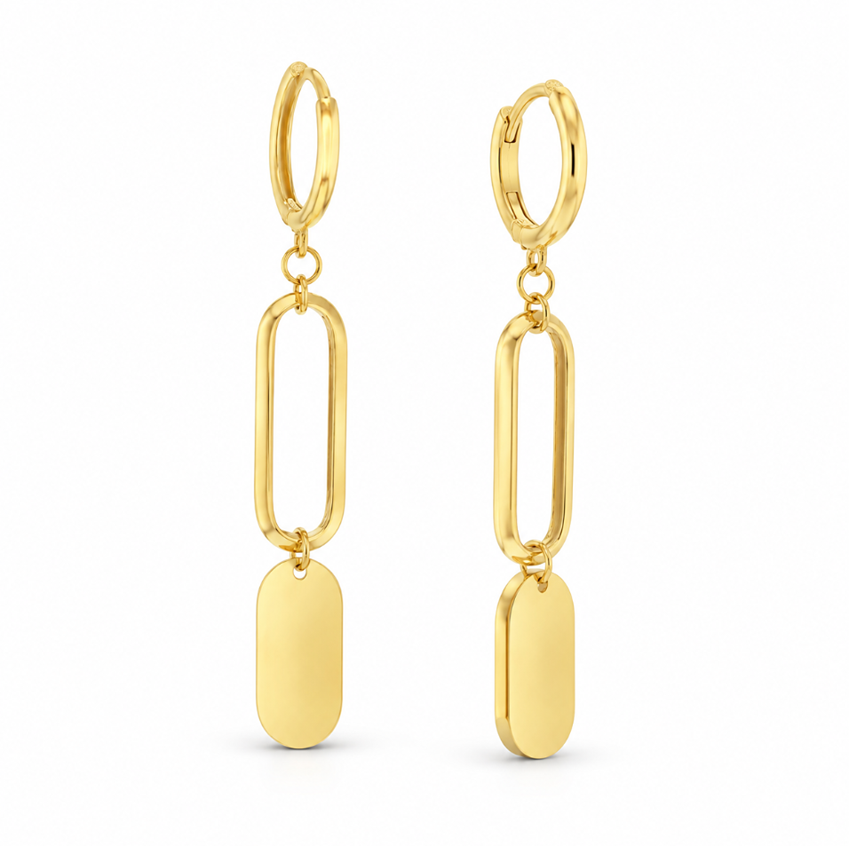 9ct yellow gold drop earrings featuring hinged huggies, elongated facetted oval links and polished flat oval disc drops.