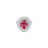 18ct white gold ring featuring a 3.66ct oval cut pink tourmaline surrounded by double diamond halos with diamond-set shoulders.