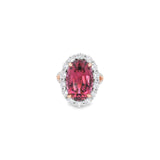 18ct rose and white gold ring featuring a 9.25ct oval pink tourmaline surrounded by a halo of diamonds, with rubies bead set into the undercarriage and split claw shoulders.