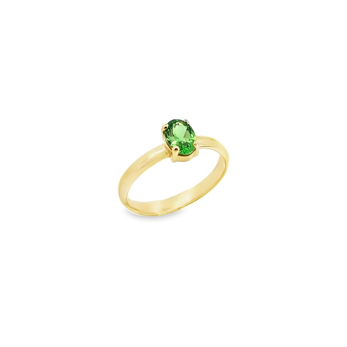 18ct yellow gold ring featuring a 7x5mm oval cut tsavorite in a four-claw setting with post and bearing collet.