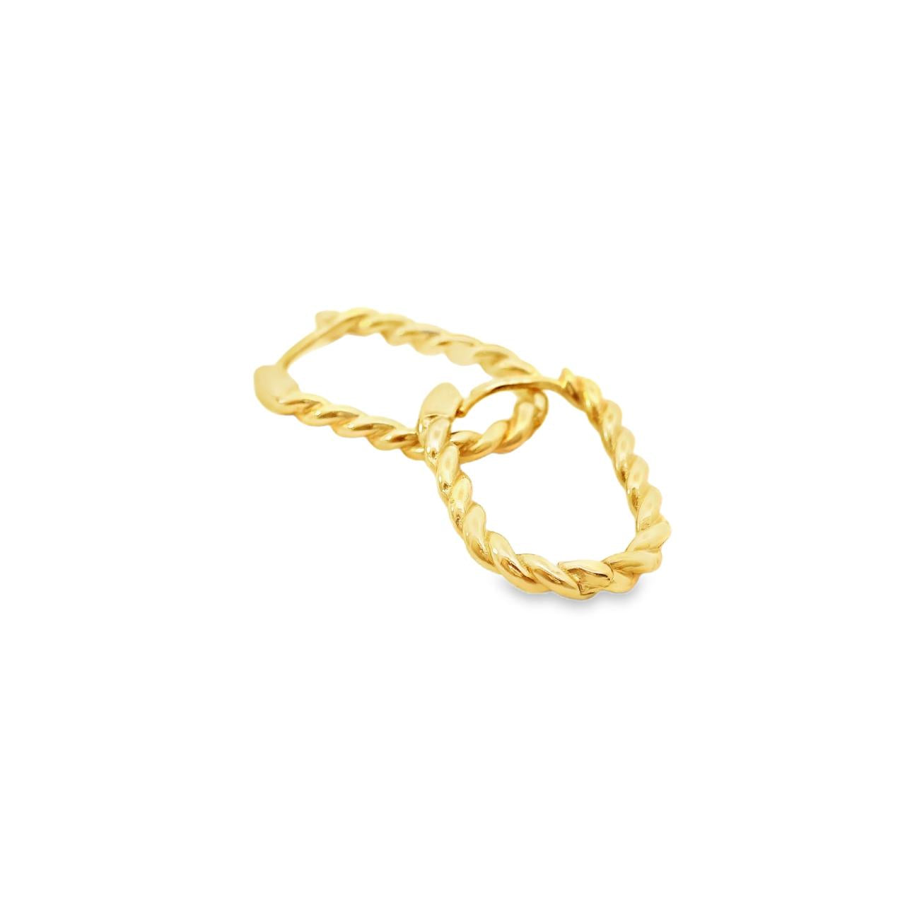 18ct yellow gold 15 x 2mm oval twist huggie earrings featuring a polished finish and hinged clip catch closure.