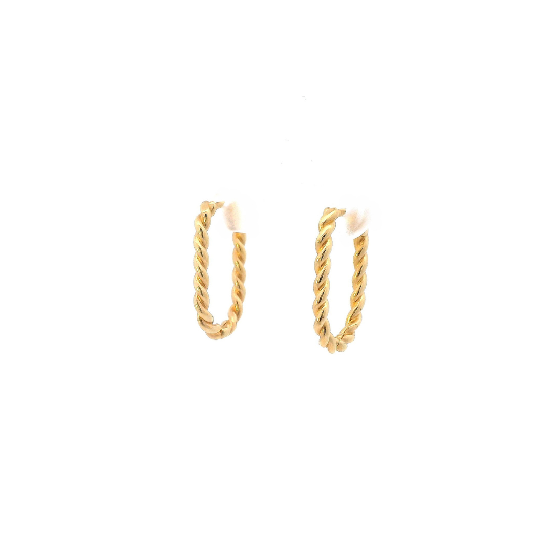 18ct yellow gold 15 x 2mm oval twist huggie earrings featuring a polished finish and hinged clip catch closure.