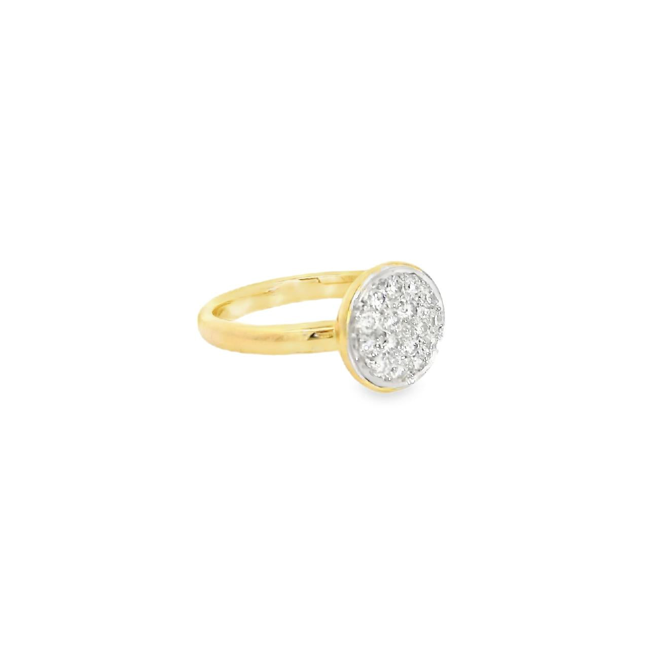 18ct yellow and white gold ring featuring sixteen round brilliant cut diamonds totalling 0.30ct in a circular pavé cluster setting.