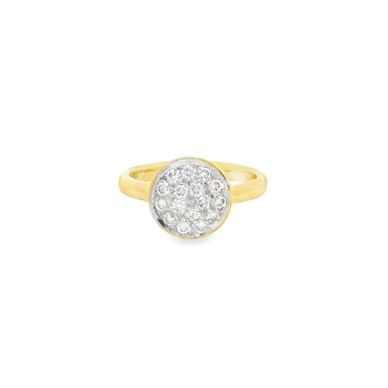 18ct yellow and white gold ring featuring sixteen round brilliant cut diamonds totalling 0.30ct in a circular pavé cluster setting.