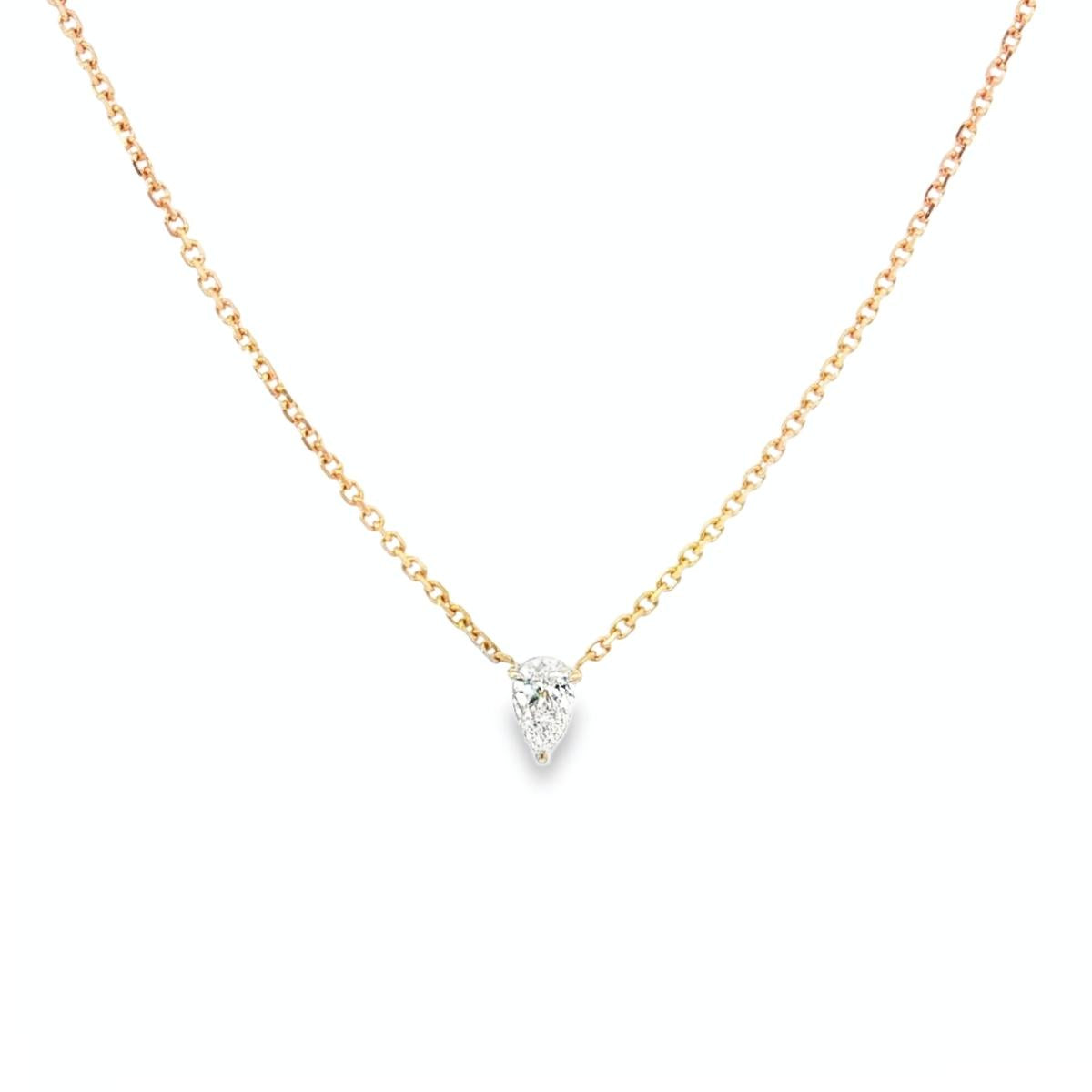18ct rose gold necklace with pear cut diamond in three claw setting