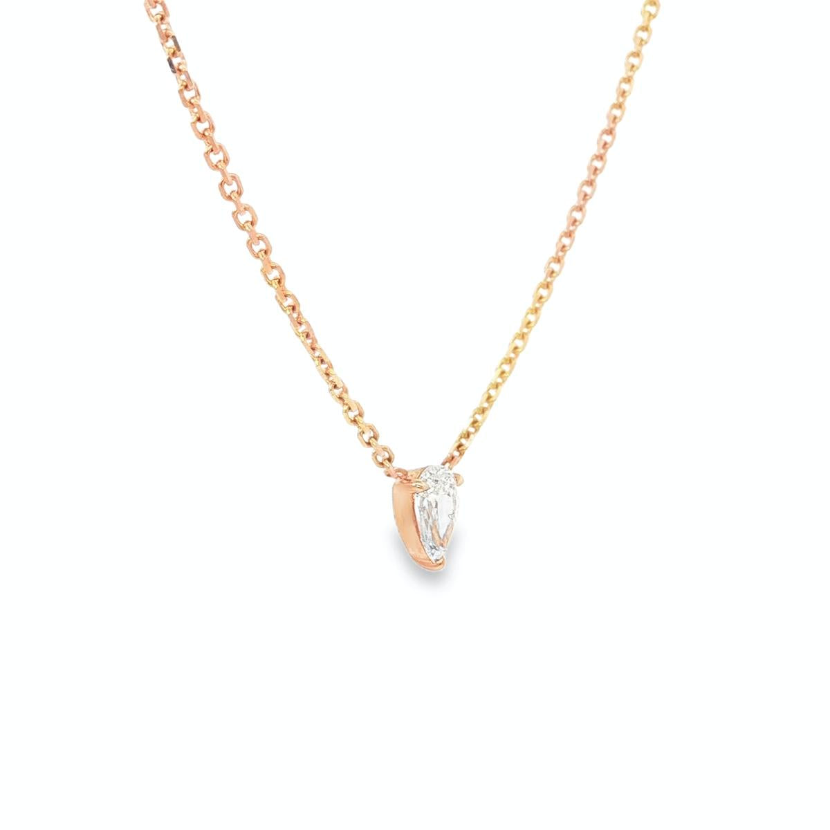 18ct rose gold necklace with pear cut diamond in three claw setting