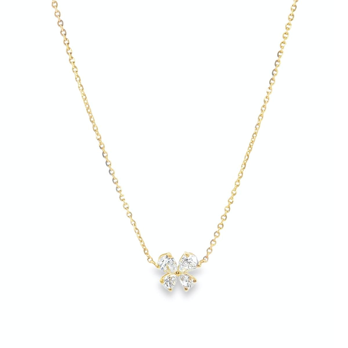 18ct yellow gold diamond necklace with pear cut diamonds arranged in offset clover cluster