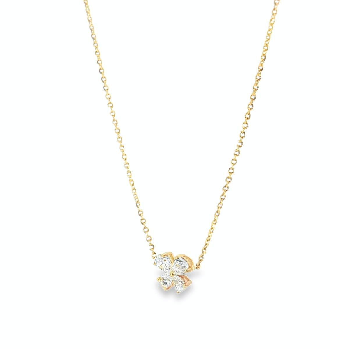 18ct yellow gold diamond necklace with pear cut diamonds arranged in offset clover cluster