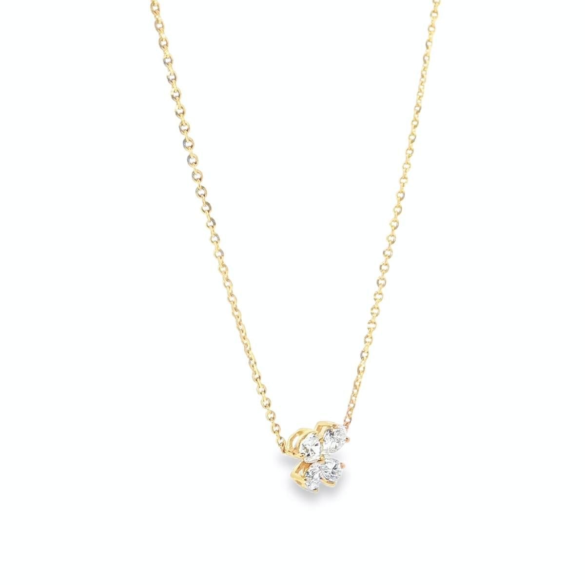 18ct yellow gold diamond necklace with pear cut diamonds arranged in offset clover cluster
