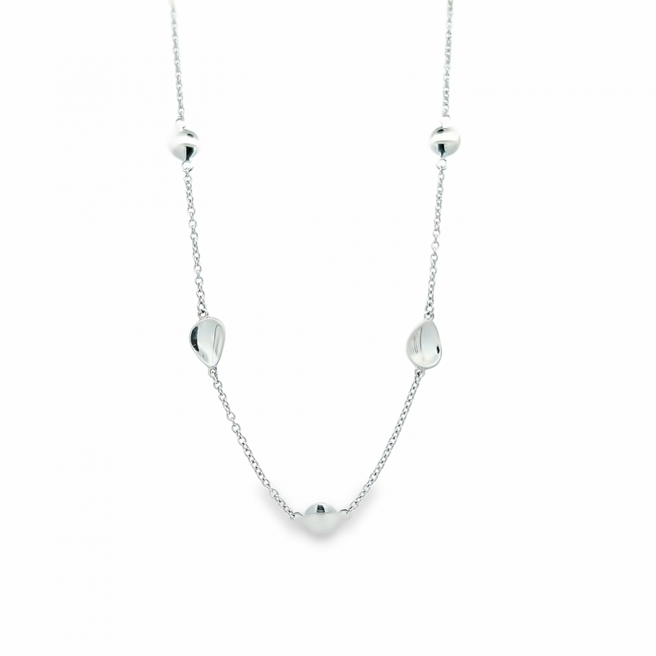 9ct white gold bracelet with alternating brushed and polished pear-shaped discs on a fine trace link chain.