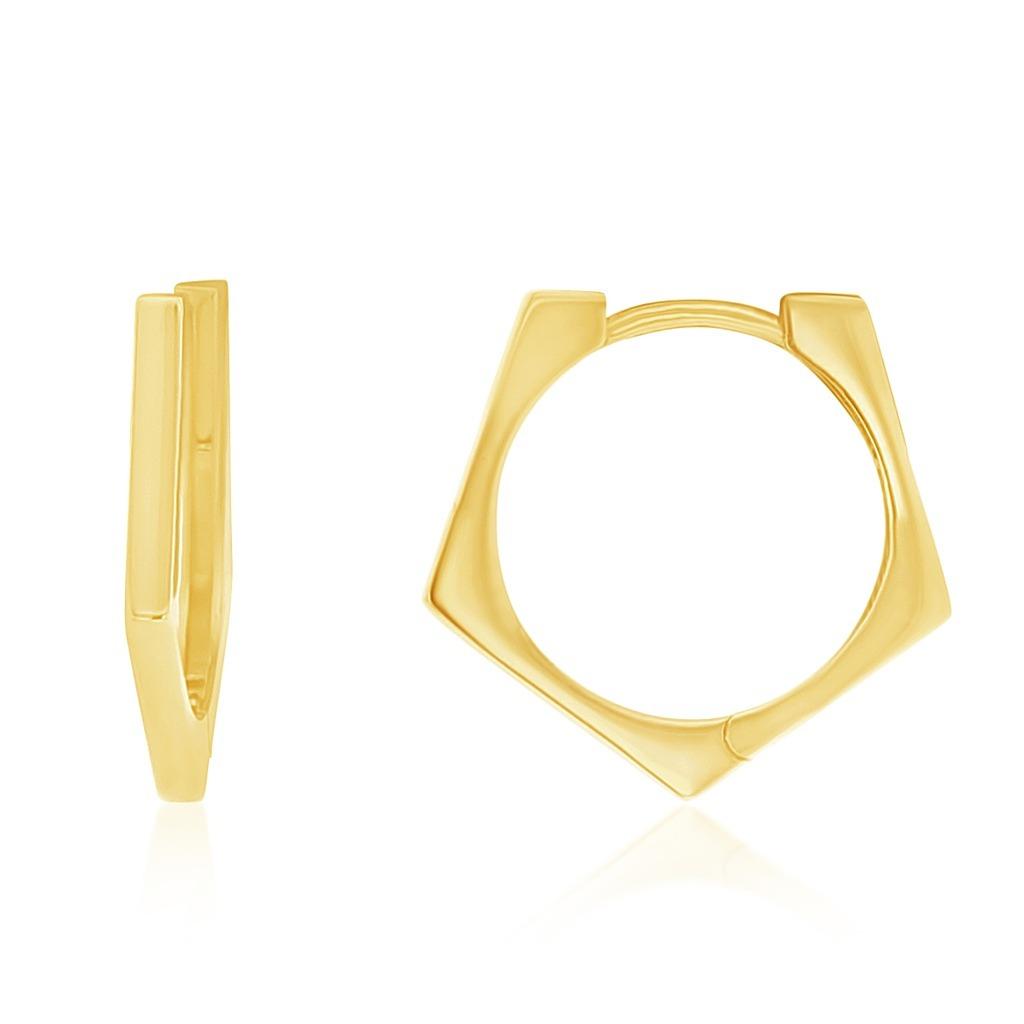 9ct yellow gold pentagon huggie earrings with a flat, angular profile and polished finish, measuring 17mm in diameter.