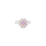 18ct white and rose gold floral ring featuring a central pink diamond, alternating pink and white diamonds, and a finely detailed cut-out back.