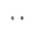 18ct white gold stud earrings featuring oval pink sapphires surrounded by diamond halos with post and butterfly fittings.
