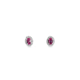 18ct white gold stud earrings featuring oval pink sapphires surrounded by diamond halos with post and butterfly fittings.
