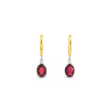 18ct yellow and white gold earrings featuring 8x6mm pink tourmalines and diamond accents in articulated double drop design with hinged huggie tops.