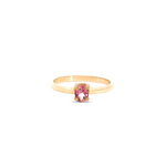 9ct yellow gold ring featuring a 5x4mm oval pink tourmaline in a polished four-claw setting with post and bearing collet.
