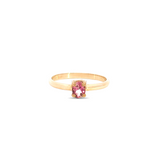 9ct yellow gold ring featuring a 5x4mm oval pink tourmaline in a polished four-claw setting with post and bearing collet.