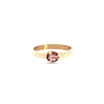 9ct yellow gold ring featuring a 7x5mm pear cut pink tourmaline in a horizontal V-cap and claw setting.