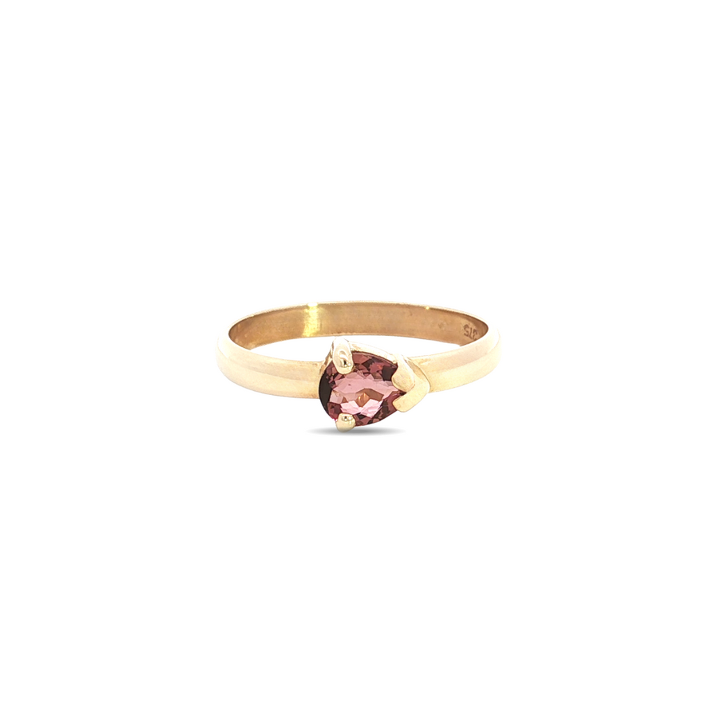 9ct yellow gold ring featuring a 7x5mm pear cut pink tourmaline in a horizontal V-cap and claw setting.