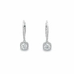Platinum diamond cluster drop earrings with cushion-shaped halo surrounds.