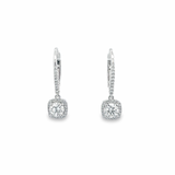 Platinum diamond cluster drop earrings with cushion-shaped halo surrounds.