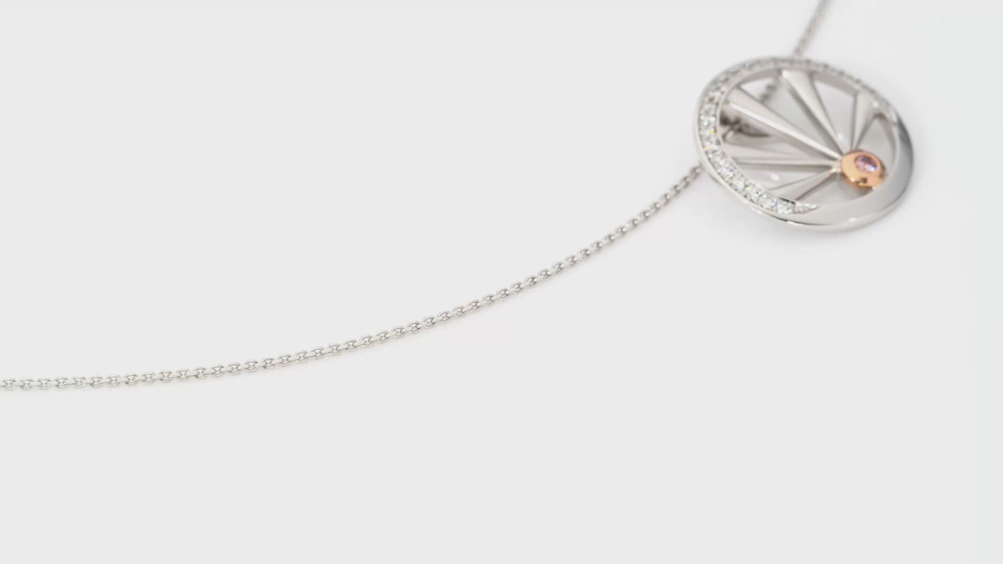 18ct white gold “The Sun Will Rise” necklet featuring Argyle pink and white diamonds in a sunrise design, limited edition 64/100, created by Diamond Guild Australia in support of Beyond Blue.