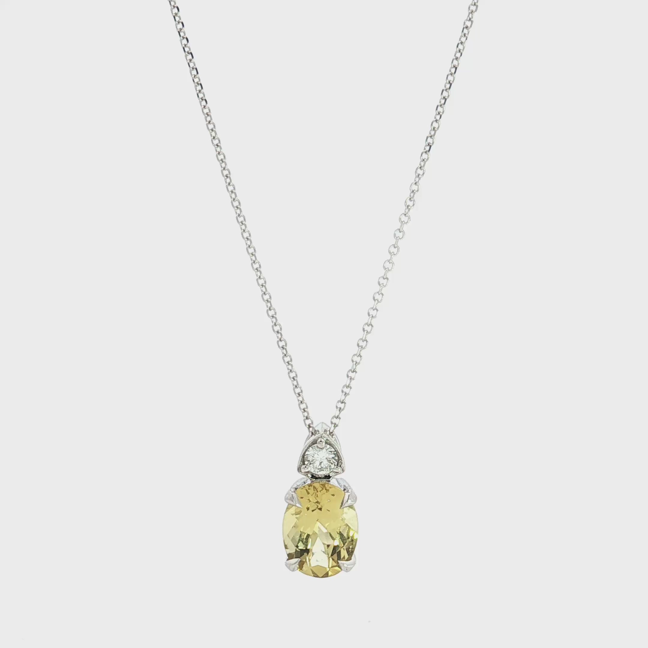 9ct white gold yellow beryl and diamond pastel pendant with oval gemstone and concealed runner.