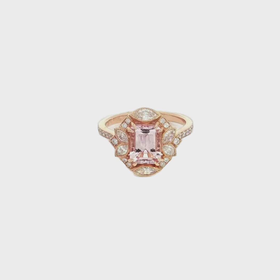 18ct rose gold ring featuring a 1.21ct emerald-cut morganite with marquise and round diamond accents and bead-set diamond shoulders.