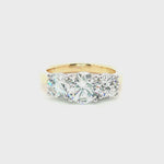 18ct yellow and white gold three stone diamond ring with 1.37ct centre diamond and two round brilliant side diamonds.