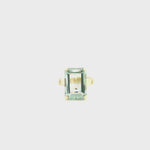 9ct yellow gold ring featuring a 14 x 10mm emerald cut green quartz in a four-claw setting with engraved shoulders.