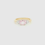 9ct yellow and white gold ring with horizontal oval morganite and diamond side accents.