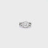 Platinum cushion cut diamond halo ring featuring a 2.00ct centre diamond with a halo surround and triple split diamond-set shoulders.