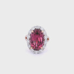 18ct rose and white gold ring featuring a 9.25ct oval pink tourmaline surrounded by a halo of diamonds, with rubies bead set into the undercarriage and split claw shoulders.