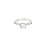 18ct white gold diamond ring featuring a 0.51ct princess cut diamond with ten round brilliant cut diamond accents.