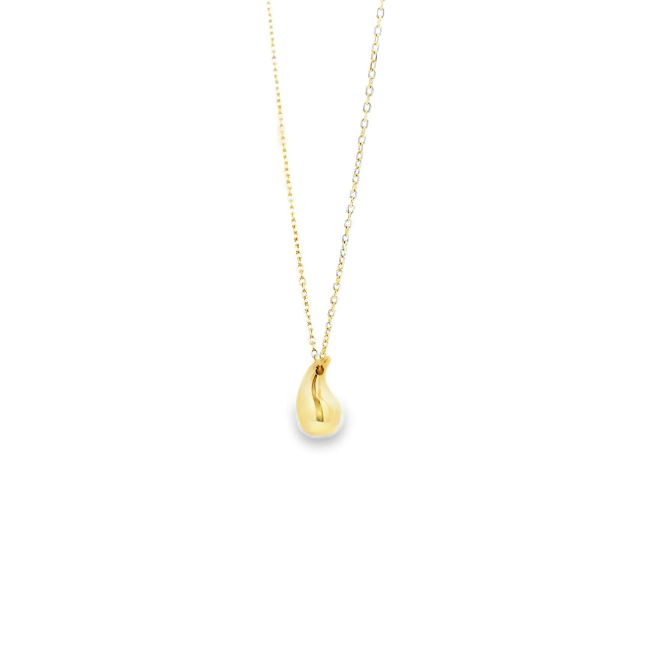 9ct yellow gold puff teardrop pendant with polished finish on a 45cm fine trace link chain.