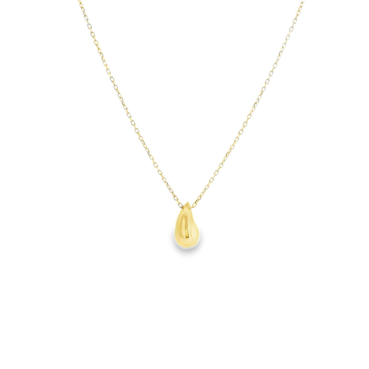 9ct yellow gold puff teardrop pendant with polished finish on a 45cm fine trace link chain.