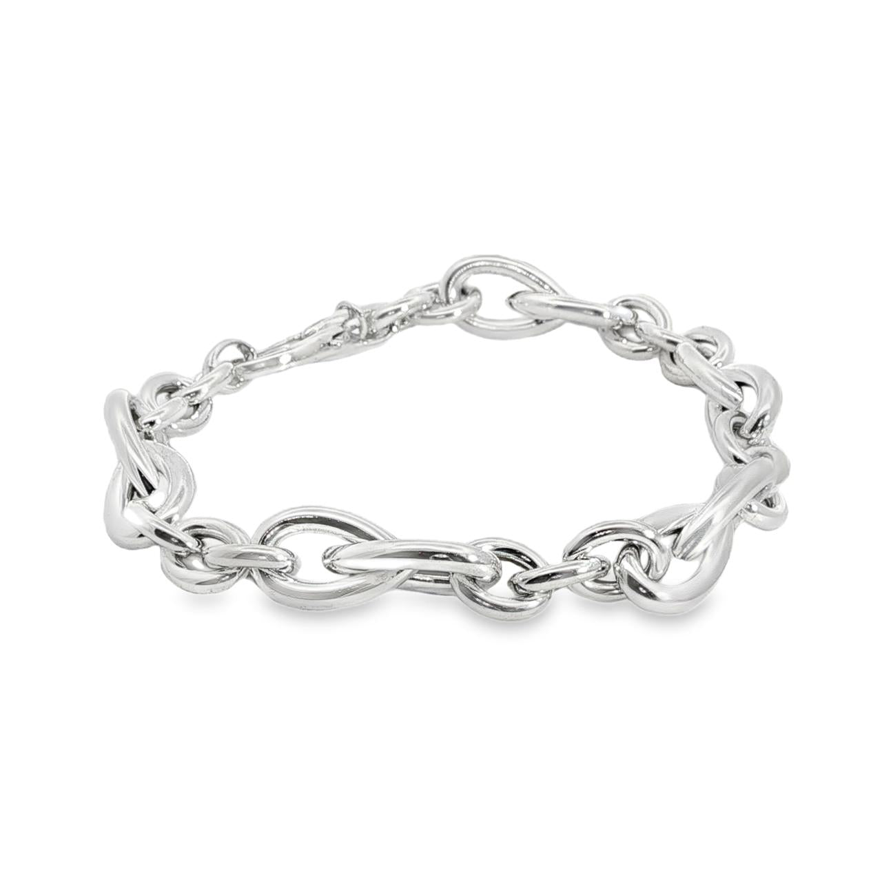 Sterling silver Quinn bracelet featuring oval links and double pear-shaped feature links, secured with a parrot clasp.