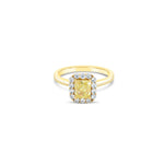 Two-tone 18ct yellow and white gold ring featuring a 1.01ct Fancy Intense Yellow radiant cut diamond with a white diamond cluster surround.