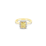 Two-tone 18ct yellow and white gold ring featuring a 1.01ct Fancy Intense Yellow radiant cut diamond with a white diamond cluster surround.