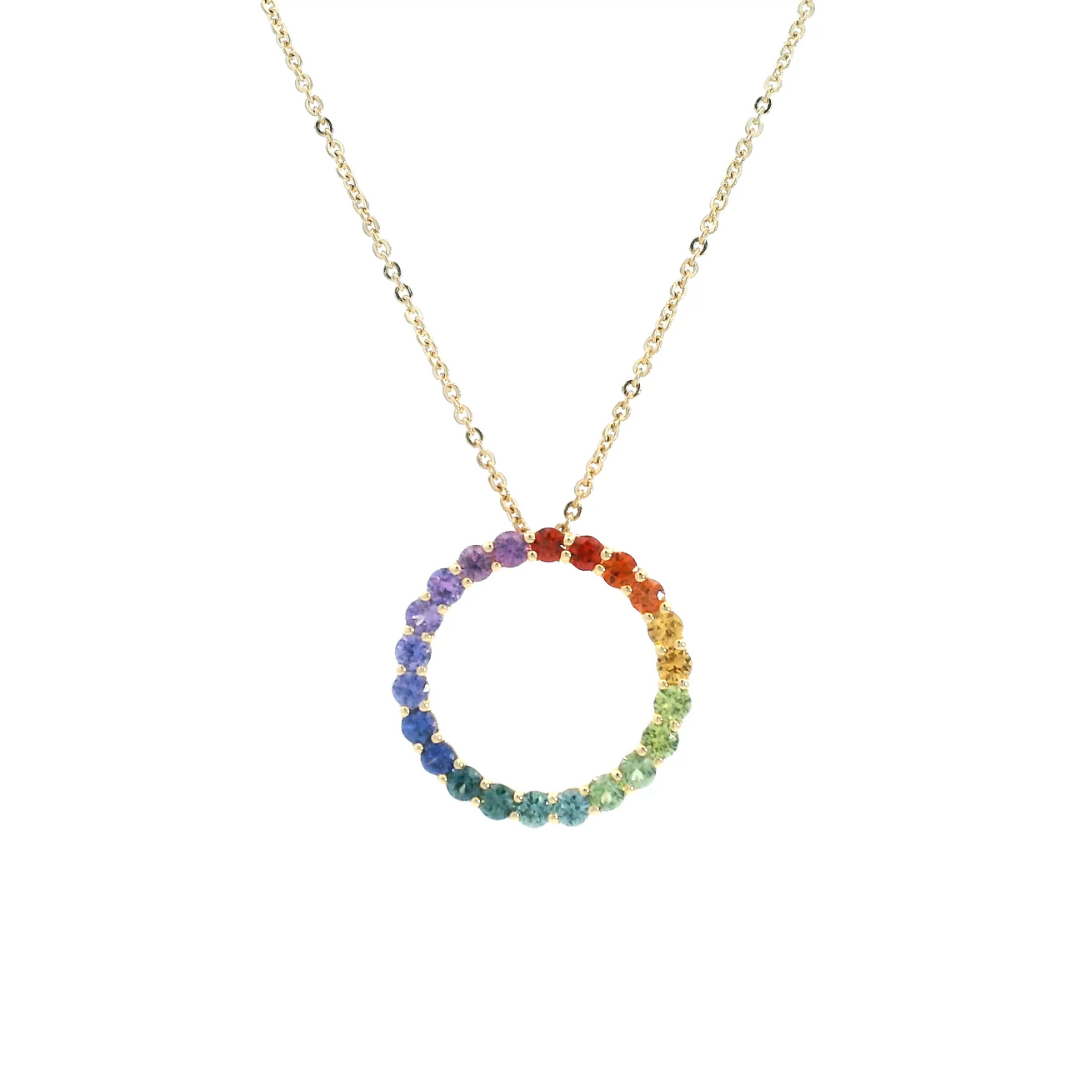 18ct yellow gold Circle of Life necklet with 22 round-cut rainbow sapphires claw-set in an open circle pendant on a 45cm trace link chain.