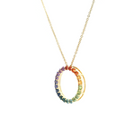 18ct yellow gold Circle of Life necklet with 22 round-cut rainbow sapphires claw-set in an open circle pendant on a 45cm trace link chain.