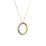 18ct yellow gold Circle of Life necklet with 22 round-cut rainbow sapphires claw-set in an open circle pendant on a 45cm trace link chain.