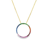 9ct yellow gold Rainbow Sapphire Circle of Life Pendant featuring a 16mm open circle with 35 multi-coloured claw-set sapphires and a concealed runner.